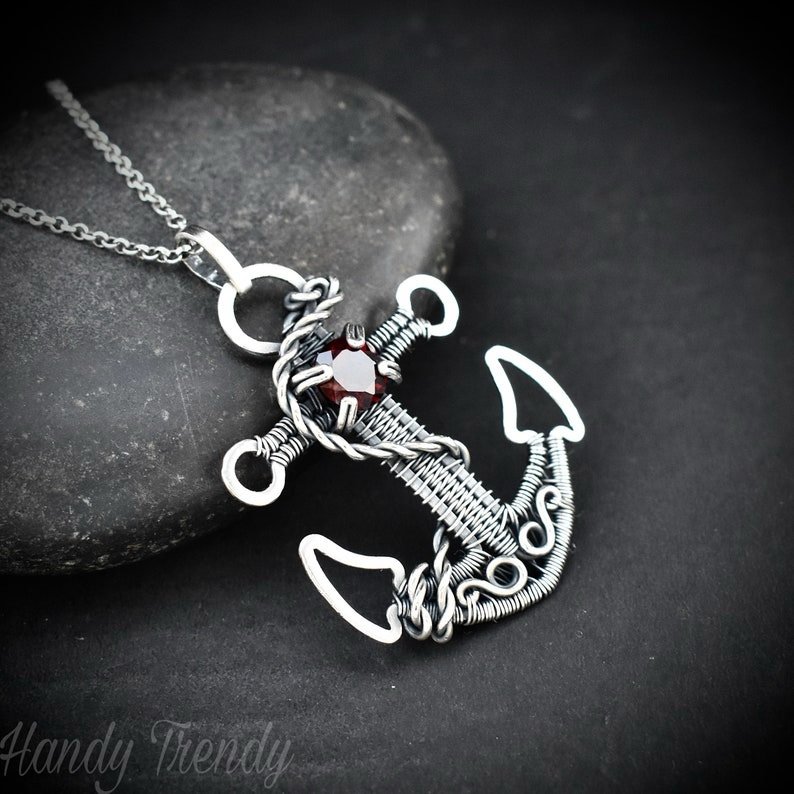 Red Garnet anchor pendant, 925 sterling silver wire wrapped necklace, Unique handmade one of a kind artisan jewelry, Sailor jewelry