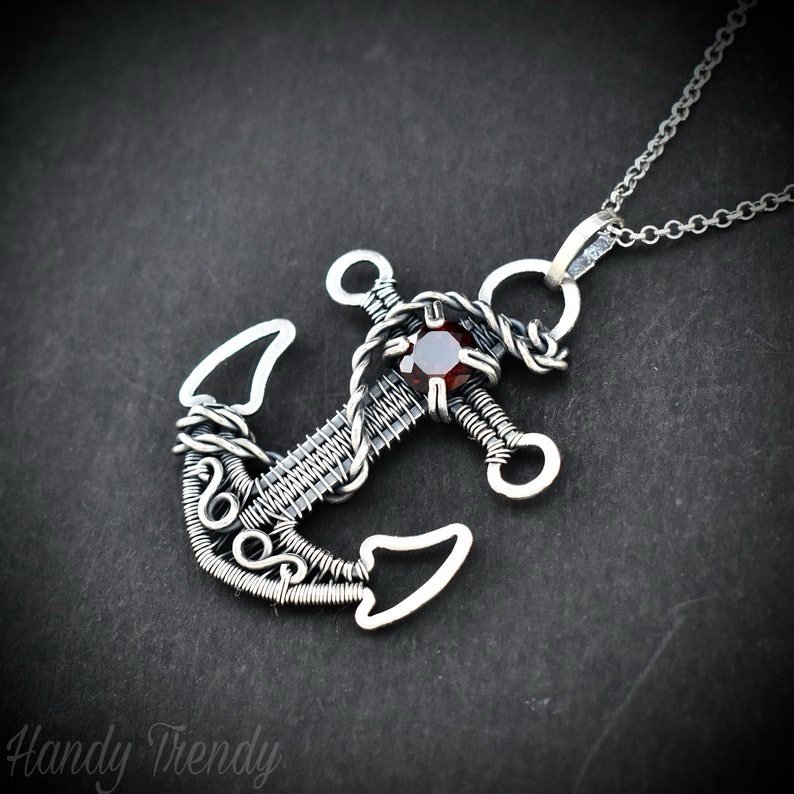 Red Garnet anchor pendant, 925 sterling silver wire wrapped necklace, Unique handmade one of a kind artisan jewelry, Sailor jewelry