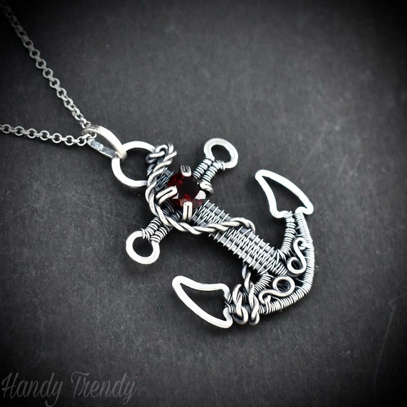 Red Garnet anchor pendant, 925 sterling silver wire wrapped necklace, Unique handmade one of a kind artisan jewelry, Sailor jewelry