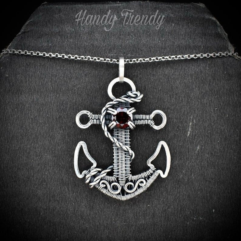 Red Garnet anchor pendant, 925 sterling silver wire wrapped necklace, Unique handmade one of a kind artisan jewelry, Sailor jewelry