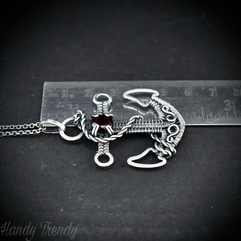 Red Garnet anchor pendant, 925 sterling silver wire wrapped necklace, Unique handmade one of a kind artisan jewelry, Sailor jewelry