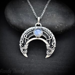 Crescent moon pendant, 925 sterling silver and rainbow moonstone Wire wrapped necklace, Handmade Celtic jewelry, One of a kind unique gift