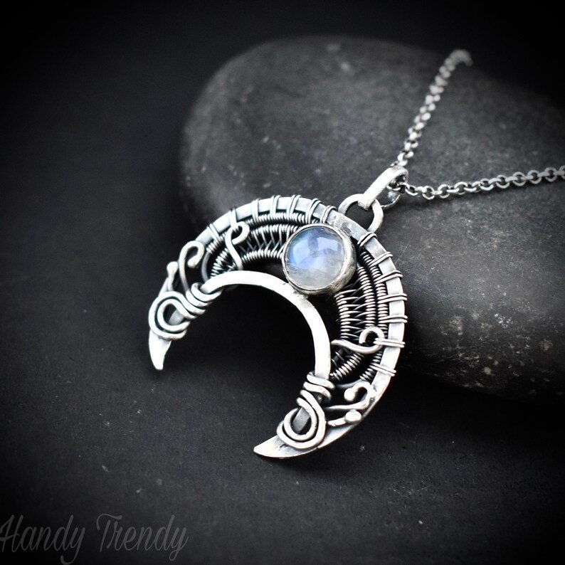 Crescent moon pendant, 925 sterling silver and rainbow moonstone Wire wrapped necklace, Handmade Celtic jewelry, One of a kind unique gift