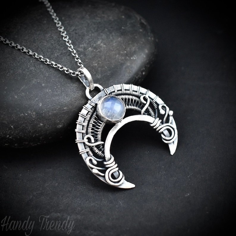 Crescent moon pendant, 925 sterling silver and rainbow moonstone Wire wrapped necklace, Handmade Celtic jewelry, One of a kind unique gift