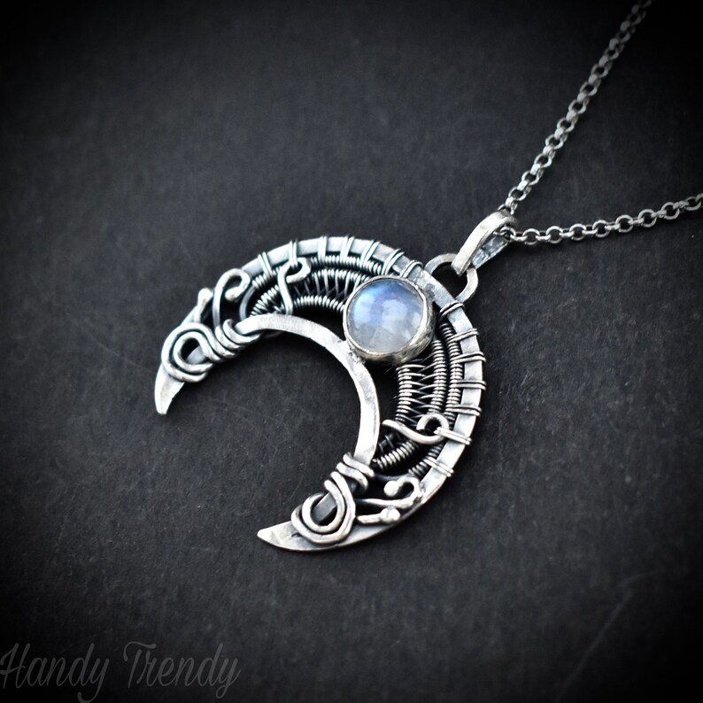 Crescent moon pendant, 925 sterling silver and rainbow moonstone Wire wrapped necklace, Handmade Celtic jewelry, One of a kind unique gift