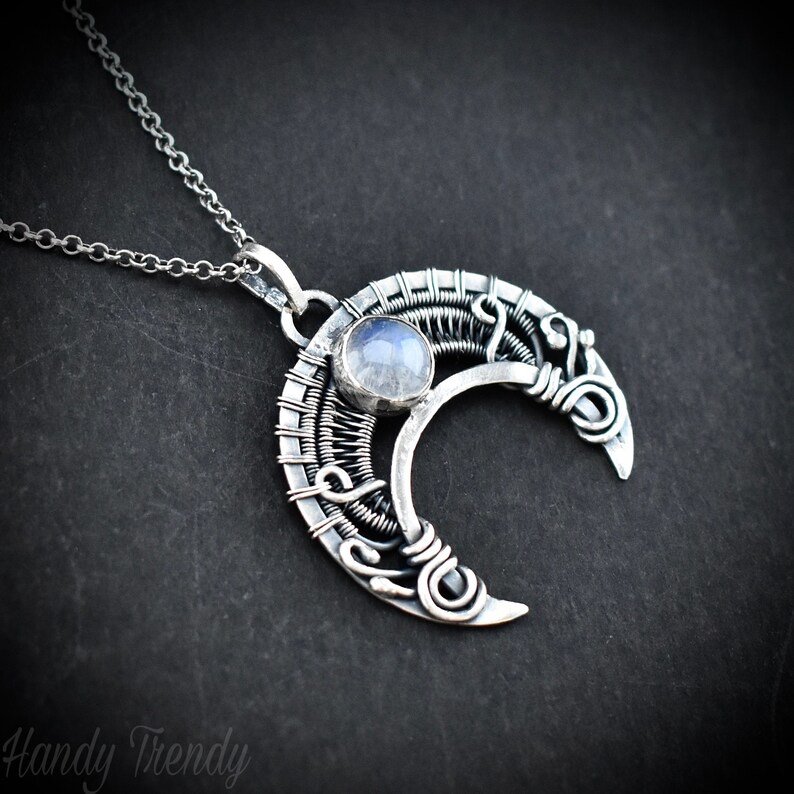Crescent moon pendant, 925 sterling silver and rainbow moonstone Wire wrapped necklace, Handmade Celtic jewelry, One of a kind unique gift