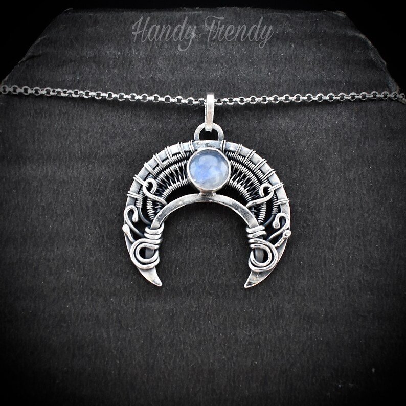 Crescent moon pendant, 925 sterling silver and rainbow moonstone Wire wrapped necklace, Handmade Celtic jewelry, One of a kind unique gift