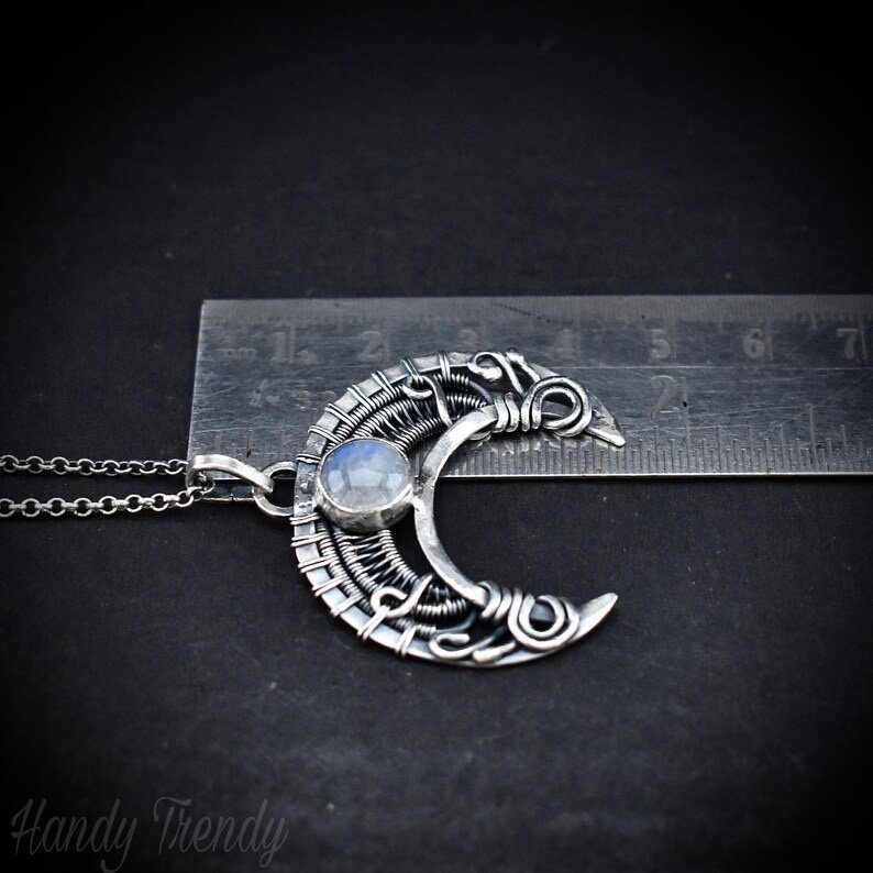 Crescent moon pendant, 925 sterling silver and rainbow moonstone Wire wrapped necklace, Handmade Celtic jewelry, One of a kind unique gift