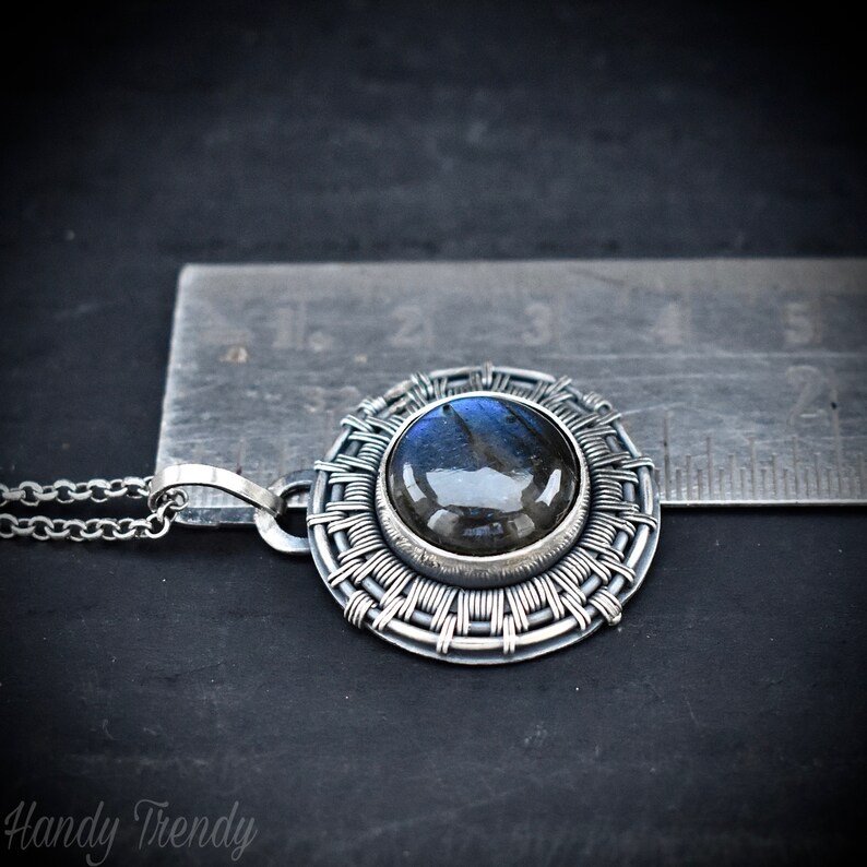 Blue labradorite wheel pendant, 925 sterling silver Wire wrapped jewelry, Unique handmade gift, Artisan necklace, Endless style