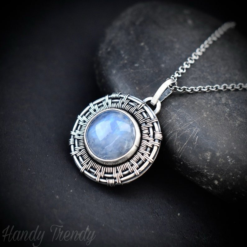Rainbow moonstone wheel pendant, 925 sterling silver Wire wrapped necklace, Unique handmade one of a kind artisan jewelry