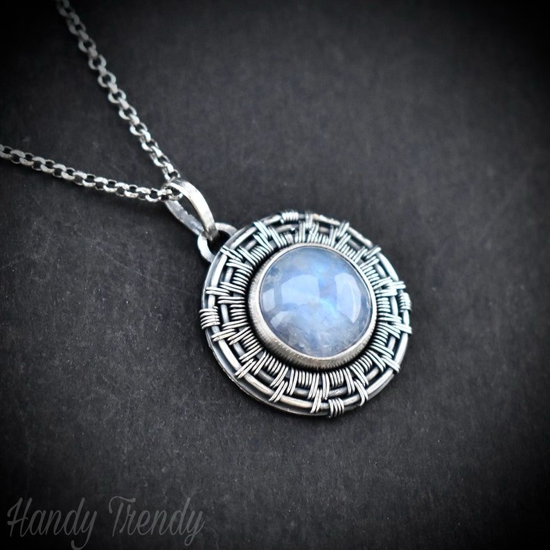 Rainbow moonstone wheel pendant, 925 sterling silver Wire wrapped necklace, Unique handmade one of a kind artisan jewelry