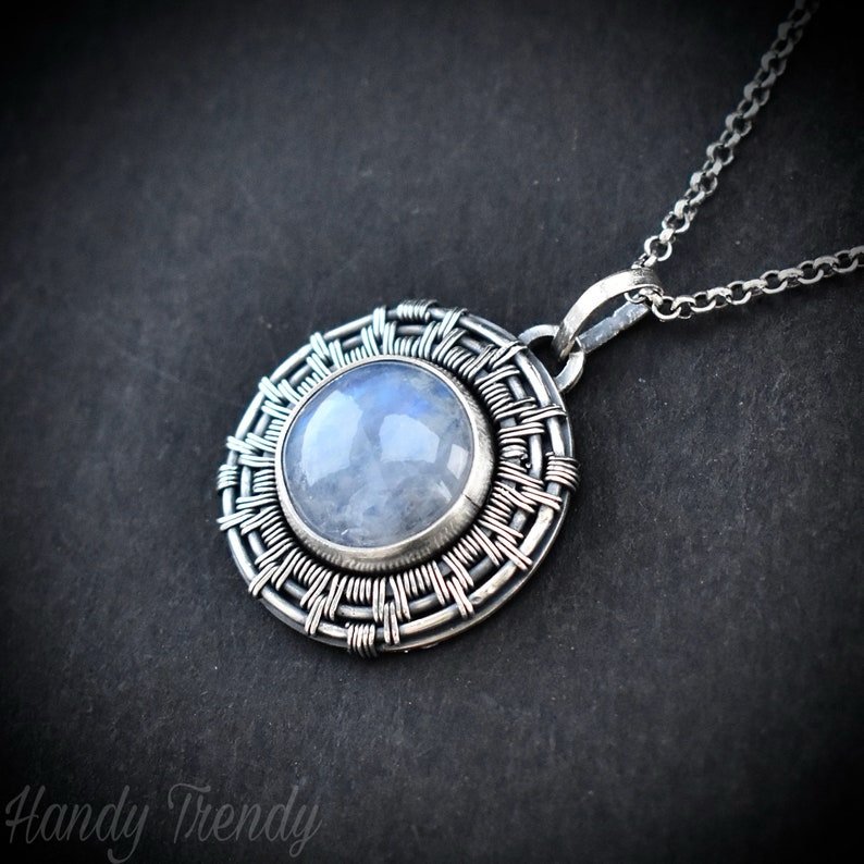 Rainbow moonstone wheel pendant, 925 sterling silver Wire wrapped necklace, Unique handmade one of a kind artisan jewelry