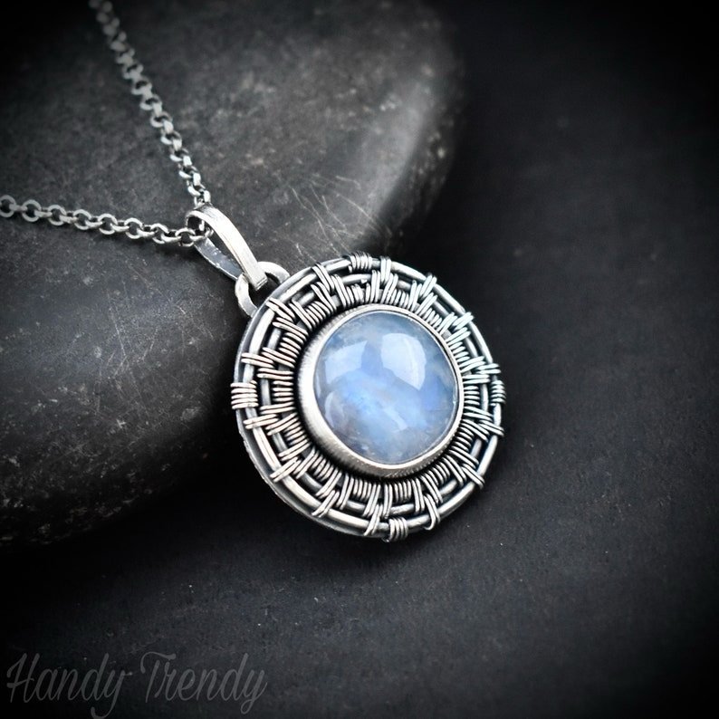 Rainbow moonstone wheel pendant, 925 sterling silver Wire wrapped necklace, Unique handmade one of a kind artisan jewelry