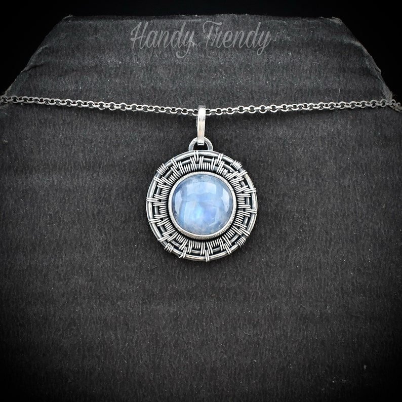 Rainbow moonstone wheel pendant, 925 sterling silver Wire wrapped necklace, Unique handmade one of a kind artisan jewelry
