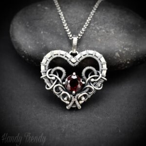 Red Garnet heart pendant, 925 sterling silver wire wrapped necklace, Unique handmade gift, one of a kind artisan jewelry, Statement piece