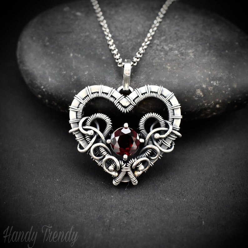 Red Garnet heart pendant, 925 sterling silver wire wrapped necklace, Unique handmade gift, one of a kind artisan jewelry, Statement piece