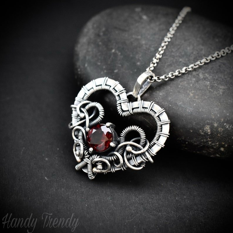 Red Garnet heart pendant, 925 sterling silver wire wrapped necklace, Unique handmade gift, one of a kind artisan jewelry, Statement piece