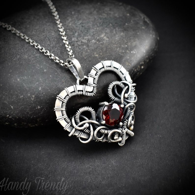 Red Garnet heart pendant, 925 sterling silver wire wrapped necklace, Unique handmade gift, one of a kind artisan jewelry, Statement piece