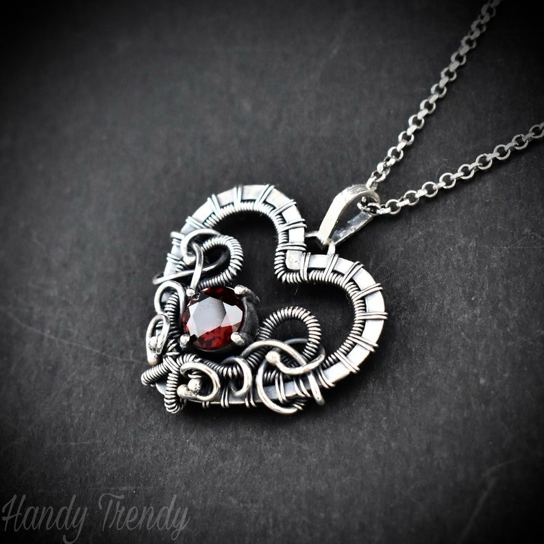 Red Garnet heart pendant, 925 sterling silver wire wrapped necklace, Unique handmade gift, one of a kind artisan jewelry, Statement piece
