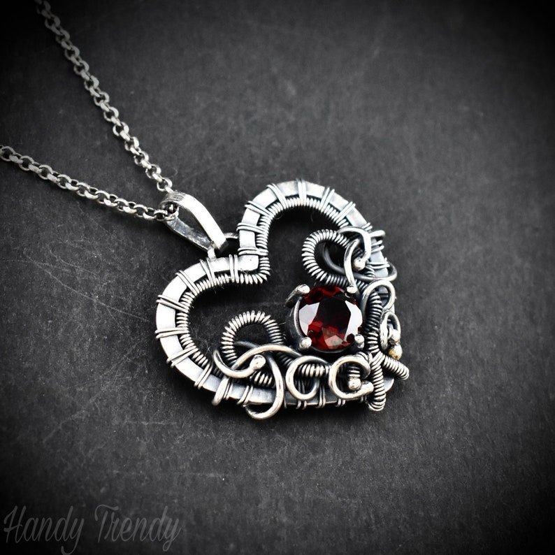Red Garnet heart pendant, 925 sterling silver wire wrapped necklace, Unique handmade gift, one of a kind artisan jewelry, Statement piece