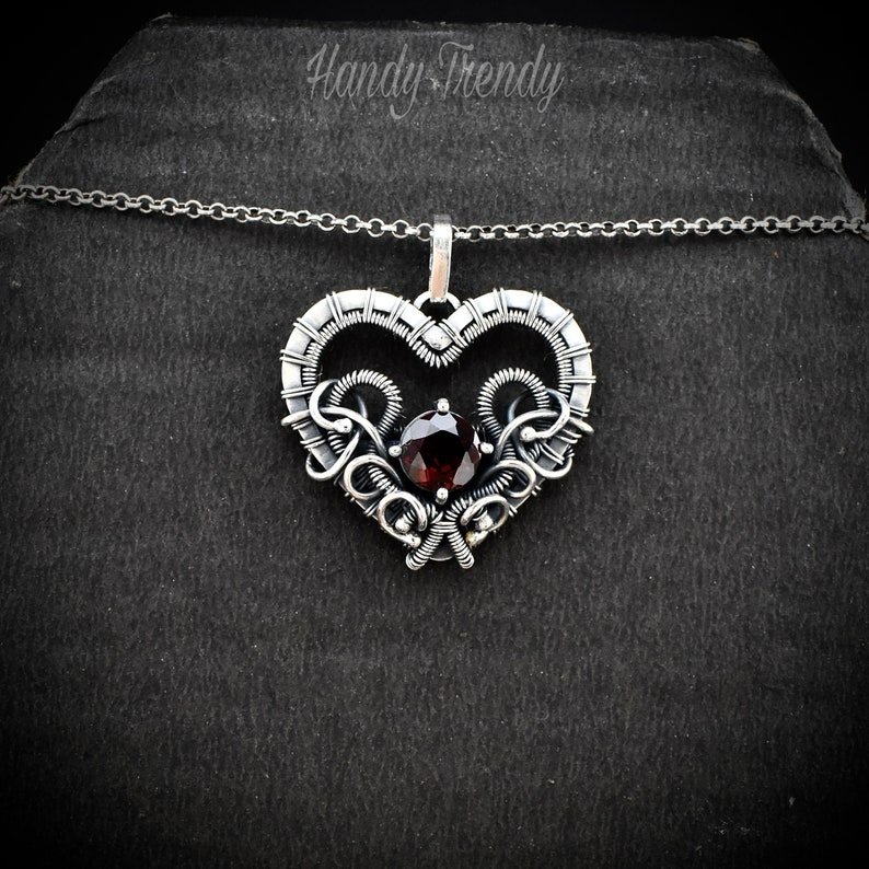Red Garnet heart pendant, 925 sterling silver wire wrapped necklace, Unique handmade gift, one of a kind artisan jewelry, Statement piece