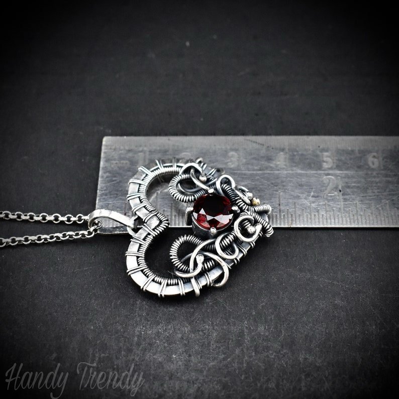 Red Garnet heart pendant, 925 sterling silver wire wrapped necklace, Unique handmade gift, one of a kind artisan jewelry, Statement piece