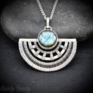 Half-round Egyptian labradorite pendant, 925 sterling silver wire wrapped necklace, Unique handmade gift, One of a kind artisan jewelry