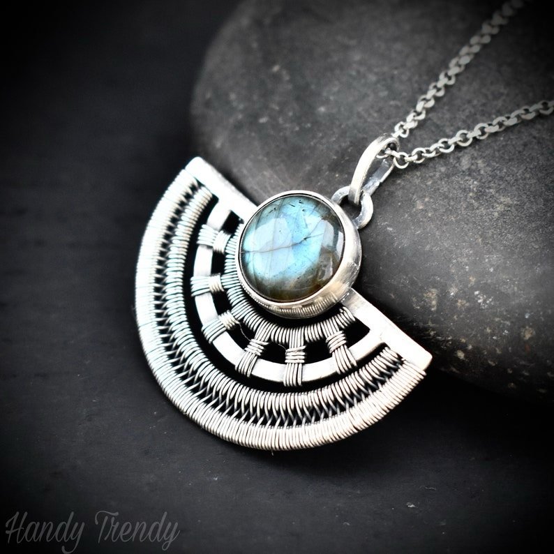 Half-round Egyptian labradorite pendant, 925 sterling silver wire wrapped necklace, Unique handmade gift, One of a kind artisan jewelry