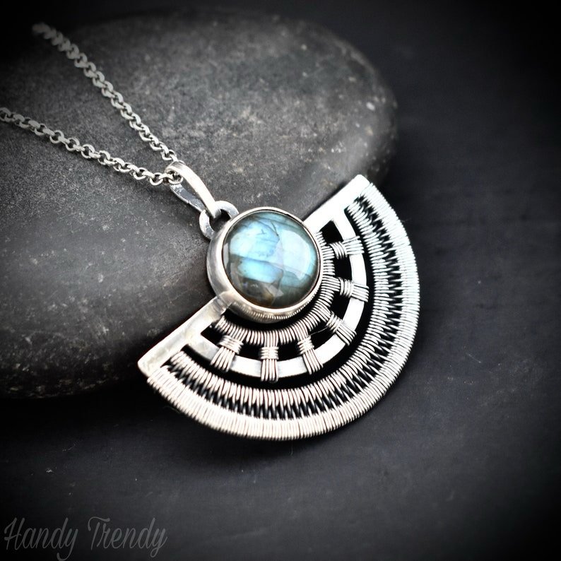Half-round Egyptian labradorite pendant, 925 sterling silver wire wrapped necklace, Unique handmade gift, One of a kind artisan jewelry
