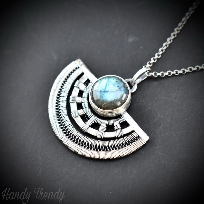 Half-round Egyptian labradorite pendant, 925 sterling silver wire wrapped necklace, Unique handmade gift, One of a kind artisan jewelry