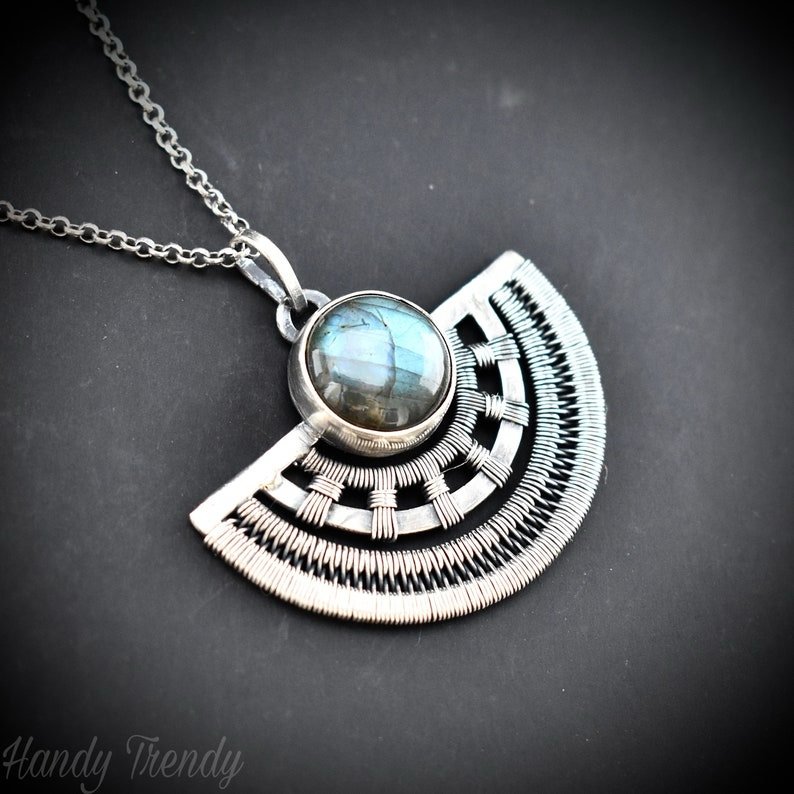 Half-round Egyptian labradorite pendant, 925 sterling silver wire wrapped necklace, Unique handmade gift, One of a kind artisan jewelry