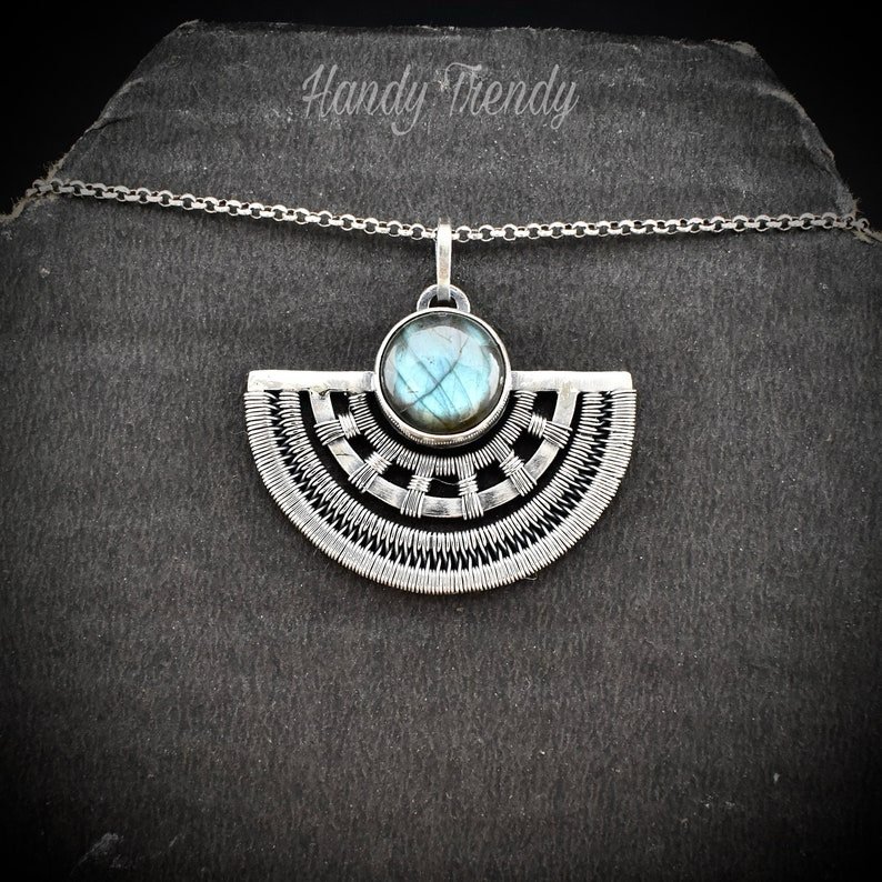 Half-round Egyptian labradorite pendant, 925 sterling silver wire wrapped necklace, Unique handmade gift, One of a kind artisan jewelry