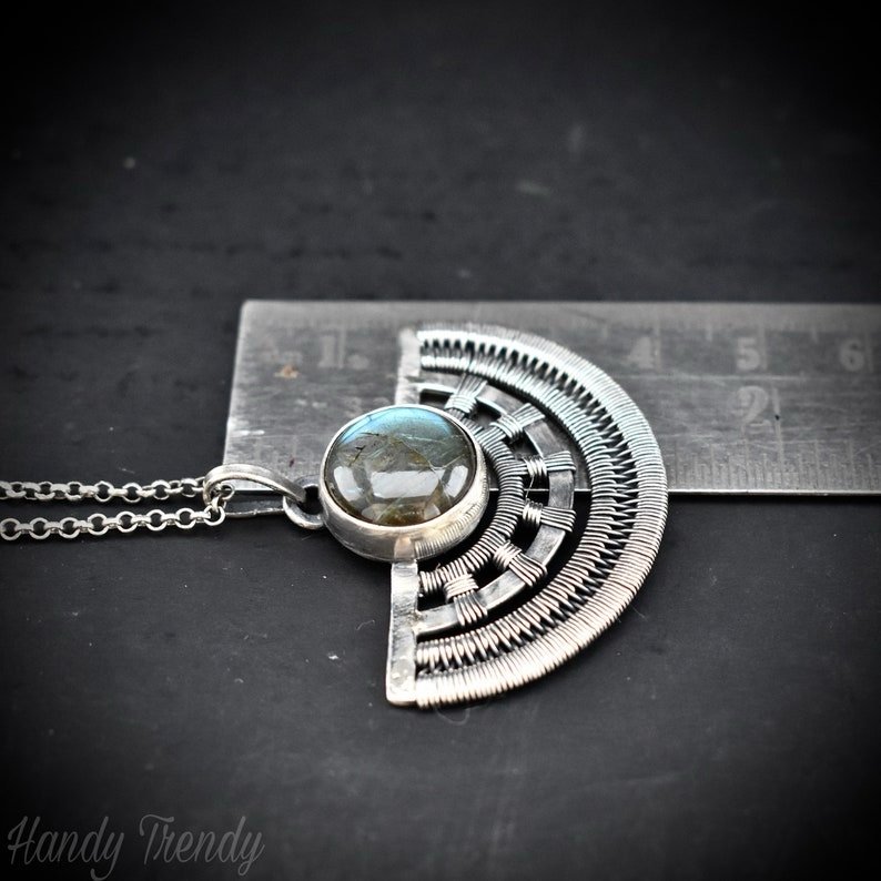 Half-round Egyptian labradorite pendant, 925 sterling silver wire wrapped necklace, Unique handmade gift, One of a kind artisan jewelry