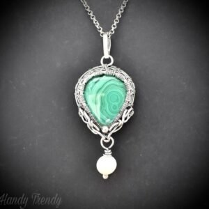 Malachite and pearl drop pendant, 925 sterling silver Wire wrapped necklace, Unique handmade gift, One of a kind artisan necklace