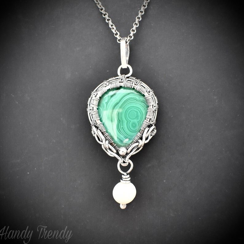 Malachite and pearl drop pendant, 925 sterling silver Wire wrapped necklace, Unique handmade gift, One of a kind artisan necklace