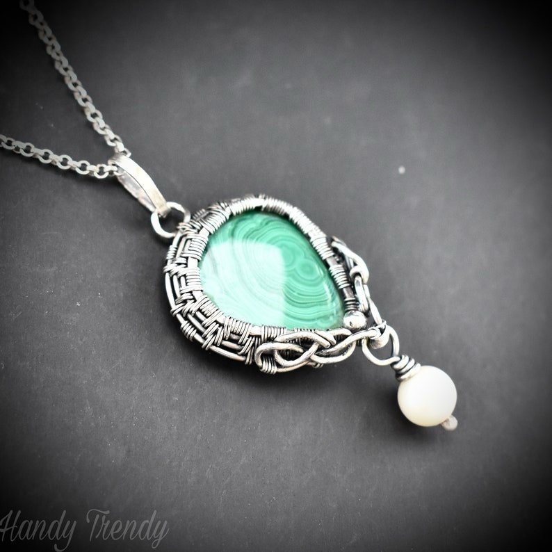 Malachite and pearl drop pendant, 925 sterling silver Wire wrapped necklace, Unique handmade gift, One of a kind artisan necklace