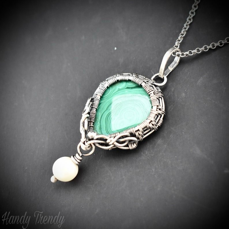 Malachite and pearl drop pendant, 925 sterling silver Wire wrapped necklace, Unique handmade gift, One of a kind artisan necklace