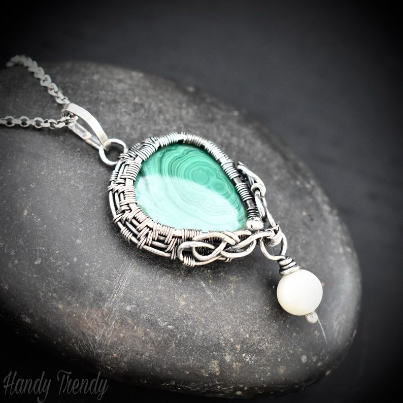 Malachite and pearl drop pendant, 925 sterling silver Wire wrapped necklace, Unique handmade gift, One of a kind artisan necklace