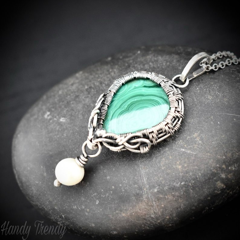 Malachite and pearl drop pendant, 925 sterling silver Wire wrapped necklace, Unique handmade gift, One of a kind artisan necklace