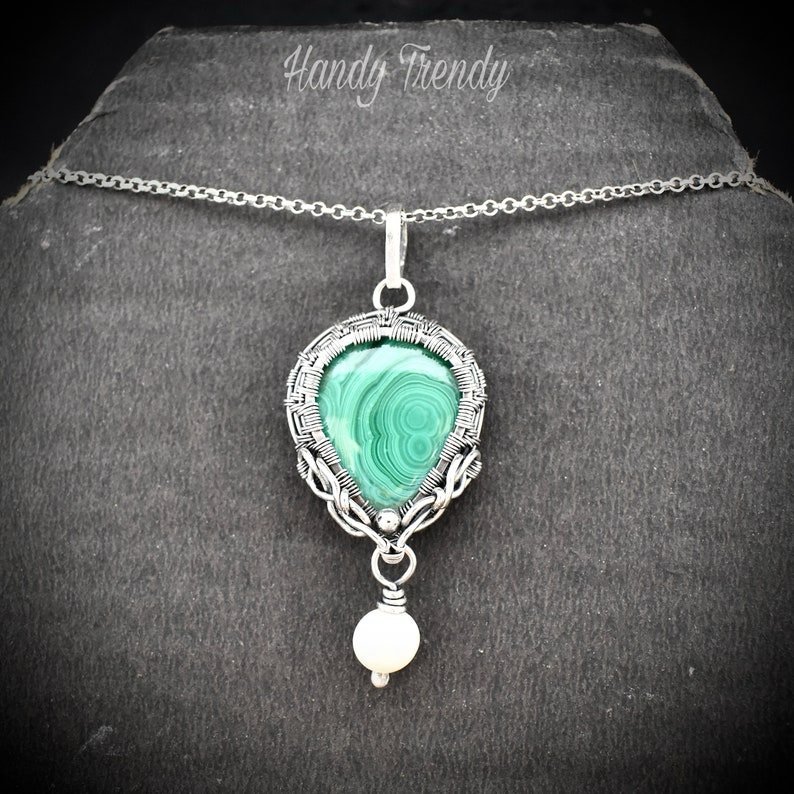 Malachite and pearl drop pendant, 925 sterling silver Wire wrapped necklace, Unique handmade gift, One of a kind artisan necklace