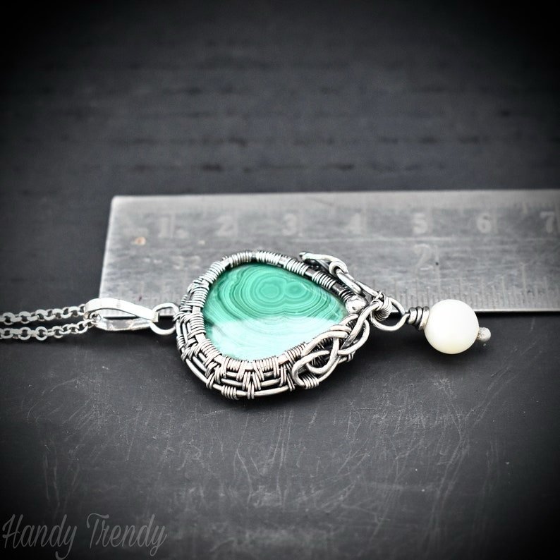 Malachite and pearl drop pendant, 925 sterling silver Wire wrapped necklace, Unique handmade gift, One of a kind artisan necklace