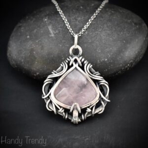Rose quartz free flow pendant, 925 sterling silver wire wrapped jewelry, Unique handmade gift, Artisan necklace, One of a kind piece