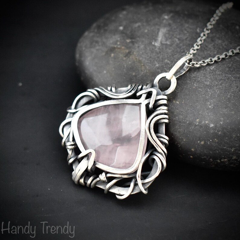Rose quartz free flow pendant, 925 sterling silver wire wrapped jewelry, Unique handmade gift, Artisan necklace, One of a kind piece