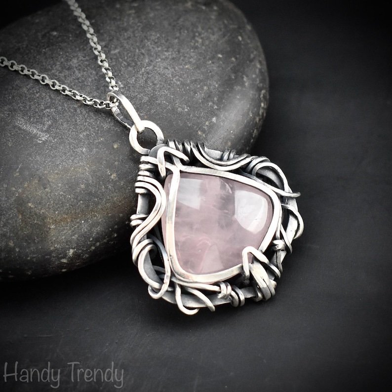 Rose quartz free flow pendant, 925 sterling silver wire wrapped jewelry, Unique handmade gift, Artisan necklace, One of a kind piece