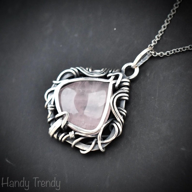 Rose quartz free flow pendant, 925 sterling silver wire wrapped jewelry, Unique handmade gift, Artisan necklace, One of a kind piece