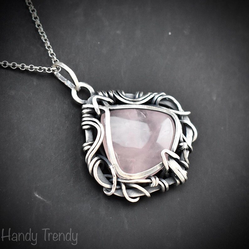 Rose quartz free flow pendant, 925 sterling silver wire wrapped jewelry, Unique handmade gift, Artisan necklace, One of a kind piece