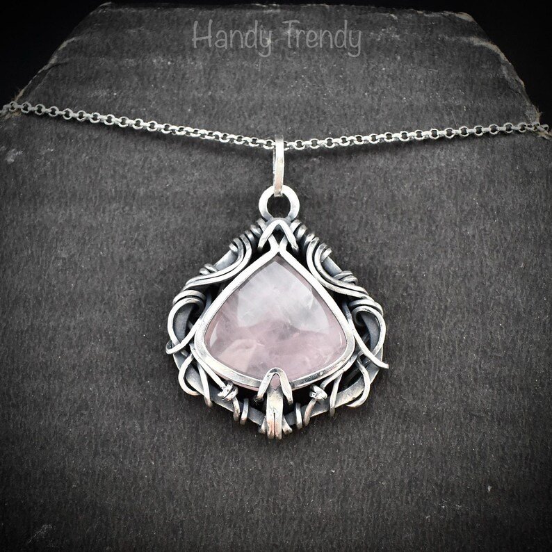 Rose quartz free flow pendant, 925 sterling silver wire wrapped jewelry, Unique handmade gift, Artisan necklace, One of a kind piece