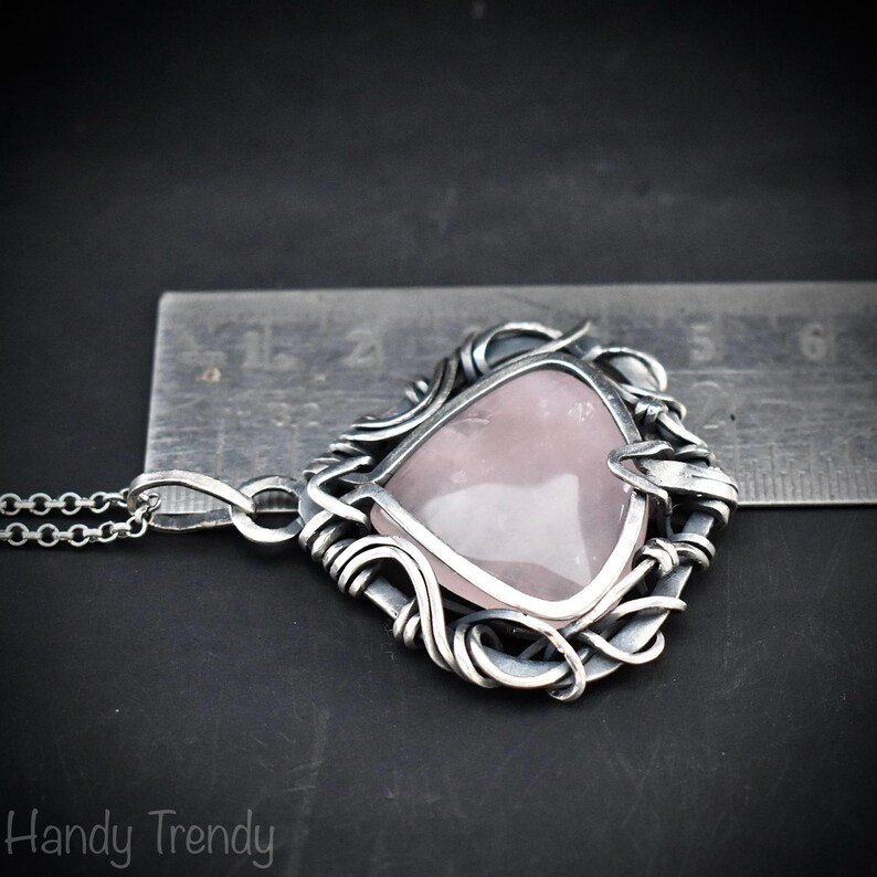 Rose quartz free flow pendant, 925 sterling silver wire wrapped jewelry, Unique handmade gift, Artisan necklace, One of a kind piece