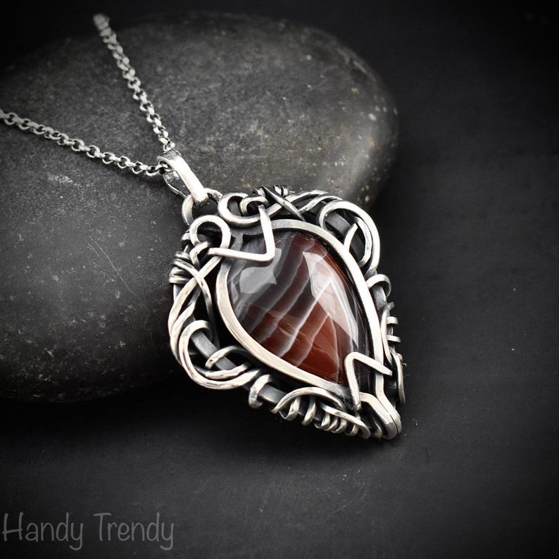 Orange botswana agate free flow pendant, 925 sterling silver Wire wrapped necklace, Unique handmade gift, One of a kind artisan jewelry