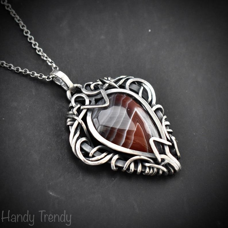 Orange botswana agate free flow pendant, 925 sterling silver Wire wrapped necklace, Unique handmade gift, One of a kind artisan jewelry